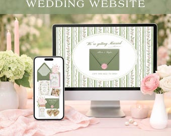 Watercolor Wedding Website Template, Custom Editable Canva Site, Floral Crest Wedding Invitation, Pink & Green Grandmillennial, Bellafleur