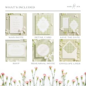 a collage of six different wedding invitation designs, each with unique floral and decorative elements. The designs include a main invitation, a detail card, a save the date card, an RSVP card, a rehearsal invite, and an envelope liner. The images showcase various styles and themes, such as a white and green color scheme, floral accents, and elegant typography.