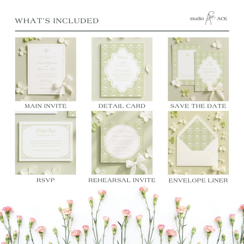 a collage of six different wedding invitation designs, each with unique floral and decorative elements. The designs include a main invitation, a detail card, a save the date card, an RSVP card, a rehearsal invite, and an envelope liner. The images showcase various styles and themes, such as a white and green color scheme, floral accents, and elegant typography.