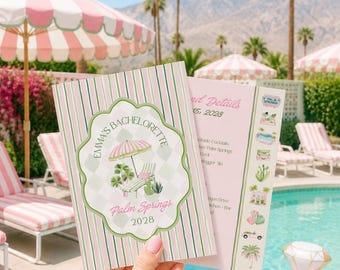 Palm Springs Bachelorette Invitation Template with Itinerary, Pink & Green Watercolor Cactus and Palm Trees, Editable Bach Weekend Invite