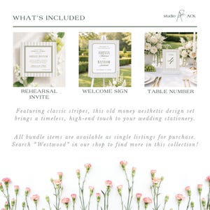 The image is a collage of three wedding-themed images, each featuring a different type of wedding stationery item. The first image shows a wedding invitation, the second image displays a wedding welcome sign, and the third image shows a wedding table number.