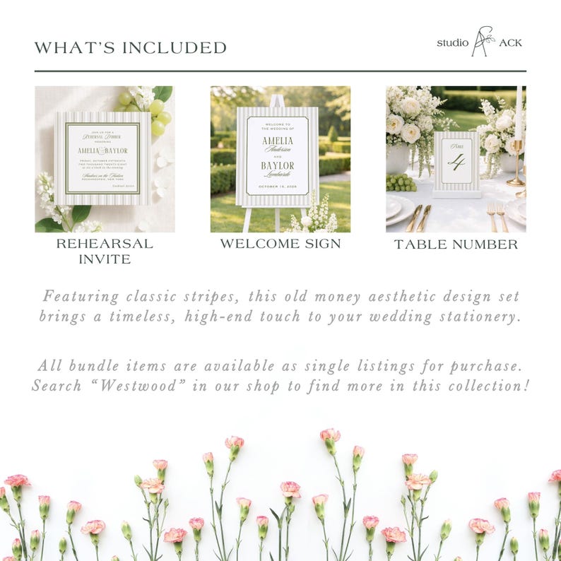 The image is a collage of three wedding-themed images, each featuring a different type of wedding stationery item. The first image shows a wedding invitation, the second image displays a wedding welcome sign, and the third image shows a wedding table number.
