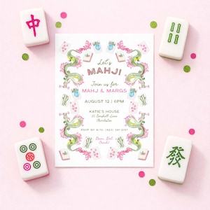 Mahj & Margs Invite Template, Mahjong Party Invitation, Hand Painted Watercolor, Game Night, Mahjong Tiles and Cane Frame image 4