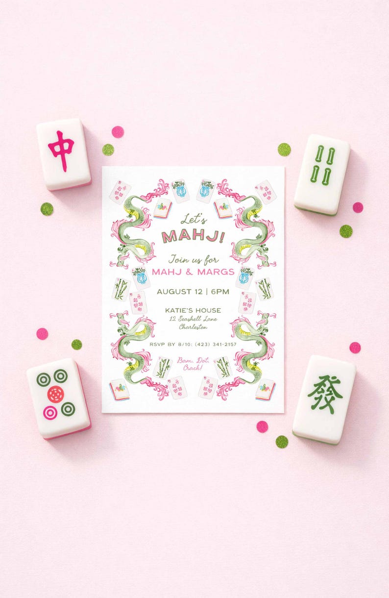 Mahj & Margs Invite Template, Mahjong Party Invitation, Hand Painted Watercolor, Game Night, Mahjong Tiles and Cane Frame image 4