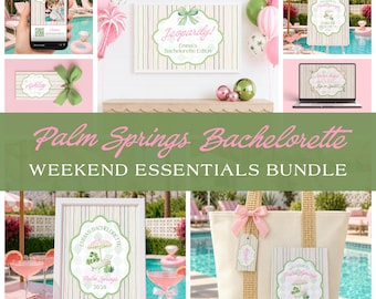 Palm Springs Bachelorette Weekend Essentials Bundle, Canva Itinerary, Party Games, Welcome Signs, Gift Tags & Phone Templates | Pink + Green