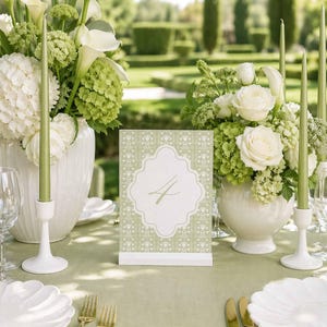 a beautifully set outdoor table for a wedding reception, with white flowers, candles, and place settings arranged on a green tablecloth.