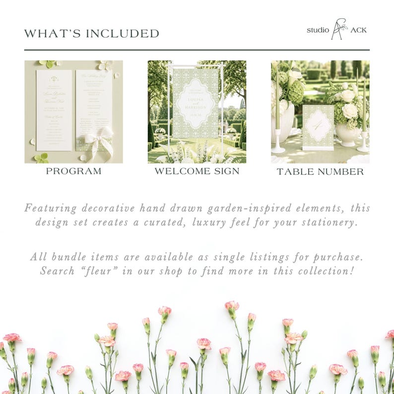The image is a collage of three images, each depicting different elements related to floral arrangements and stationery. The first image shows a program, the second image displays a welcome sign, and the third image shows a table number. The text in the image provides information about the items included in the design set, stating that all bundle items are available as single listings for purchase and that the viewer can search for "flour" in the shop to find more in this collection.