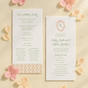 Whimsical Garden Wedding Program Template, Watercolor Yellow, Peach, Pink and White Accents with Hand Painted Floral Monogram, Sunset3