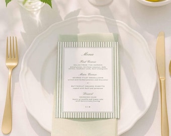 Green Stripe Wedding Menu Template, Hand Painted Watercolor Striped Reception Menu, Editable Menu Card, Classic Wedding Printable, Grove