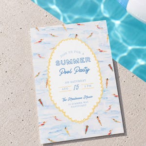May include: A rectangular invitation card featuring a watercolor pattern of swimmers in blue water. A central yellow scalloped frame contains the text: JOIN US FOR A SUMMER Pool Party ON SATURDAY AUG 15 3 PM The Henderson House 12 SUMMER WAY NANTUCKET.