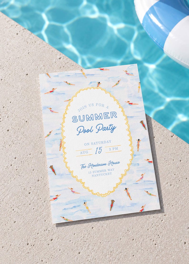 May include: A rectangular invitation card featuring a watercolor pattern of swimmers in blue water. A central yellow scalloped frame contains the text: JOIN US FOR A SUMMER Pool Party ON SATURDAY AUG 15 3 PM The Henderson House 12 SUMMER WAY NANTUCKET.