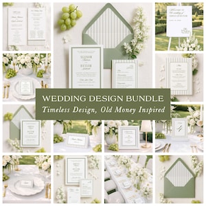 Pode incluir: Um conjunto de design de casamento com convites, menus e cartões de mesa em um esquema de cores verde suave e branco. O design inclui padrões listrados e fontes elegantes. O texto diz "WEDDING DESIGN BUNDLE Timeless Design, Old Money Inspired".