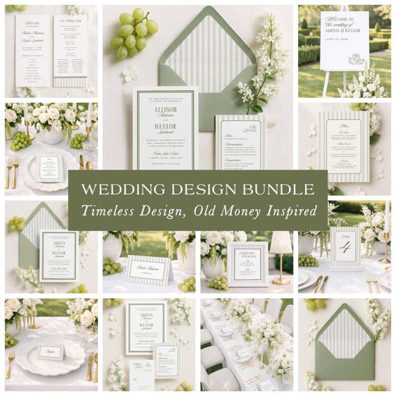 Old Money Wedding Bundle, Vintage-Inspired Stripes, Classic Wedding Stationery & Signage Set, Editable Canva Wedding Template, Westwood