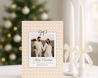 Watercolor Bow Christmas Card Template, Green Striped Polaroid Holiday Photo Card, Editable Canva Template, Modern Classic Christmas Card