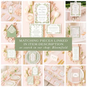 The image is a collage of various wedding-related items, including floral arrangements, place settings, and wedding invitations, all set against a pink background.