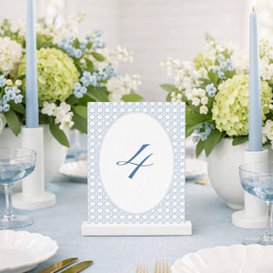 Blue Rattan Wedding Table Number Template, Hand Painted Coastal Watercolor Rattan Cane Pattern, Elegant Script Font, Veranda
