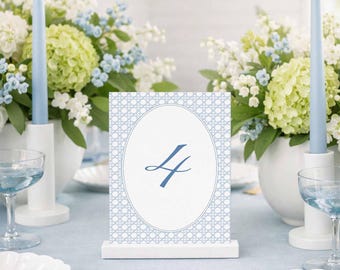 Blue Rattan Wedding Table Number Template, Hand Painted Coastal Watercolor Rattan Cane Pattern, Elegant Script Font, Veranda