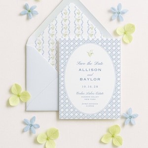 Elegant Blue Watercolor Save the Date Template with Rattan, Stripes & White Floral Patterns, With or Without Engagement Photo, Veranda