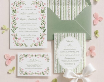 Watercolor Floral Wedding Invitation Suite, Grandmillennial Pink and Green Florals, Cottagecore Style, Canva Digital Download, Bellafleur