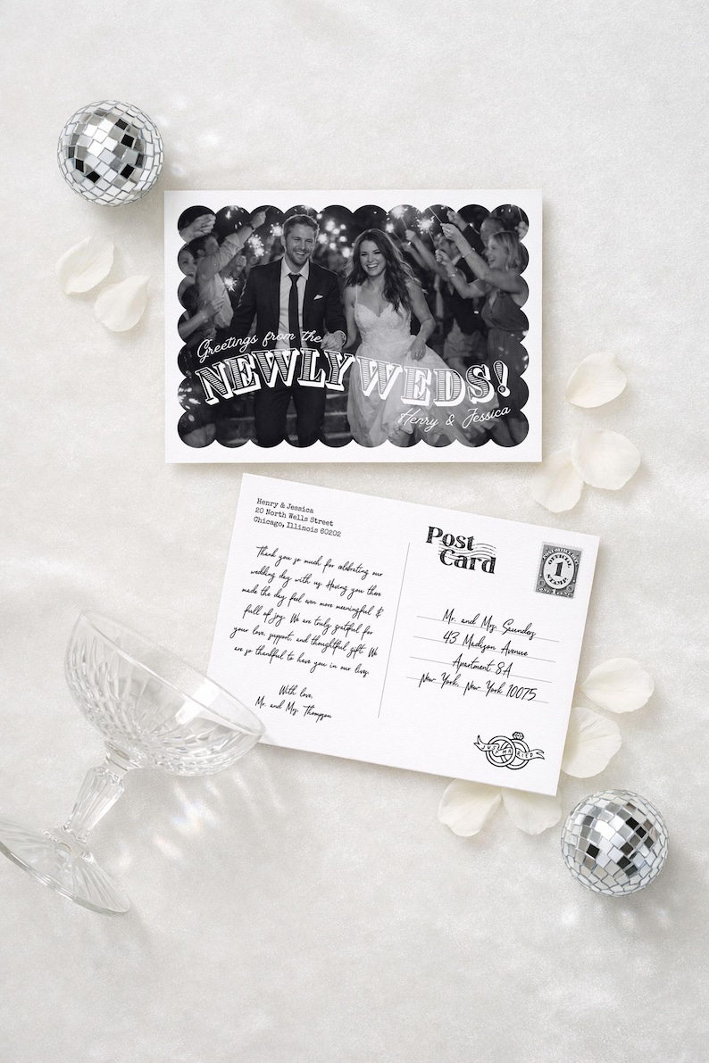 Wedding Thank You Cards, Printable Scalloped Vintage Photo Postcard, Customizable Canva Digital Files for Newlywed Thank You Notes image 2