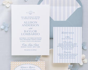 Coastal Striped Invitation Suite Template, Nautical Beach Wedding Invite, Rattan Pattern, Modern Coastal Chic Wedding Stationery, Marina