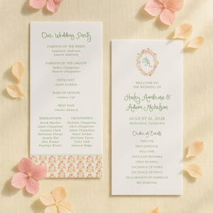 Whimsical Garden Wedding Program Template, Watercolor Yellow, Peach, Pink and White Accents with Hand Painted Floral Monogram, Soleil