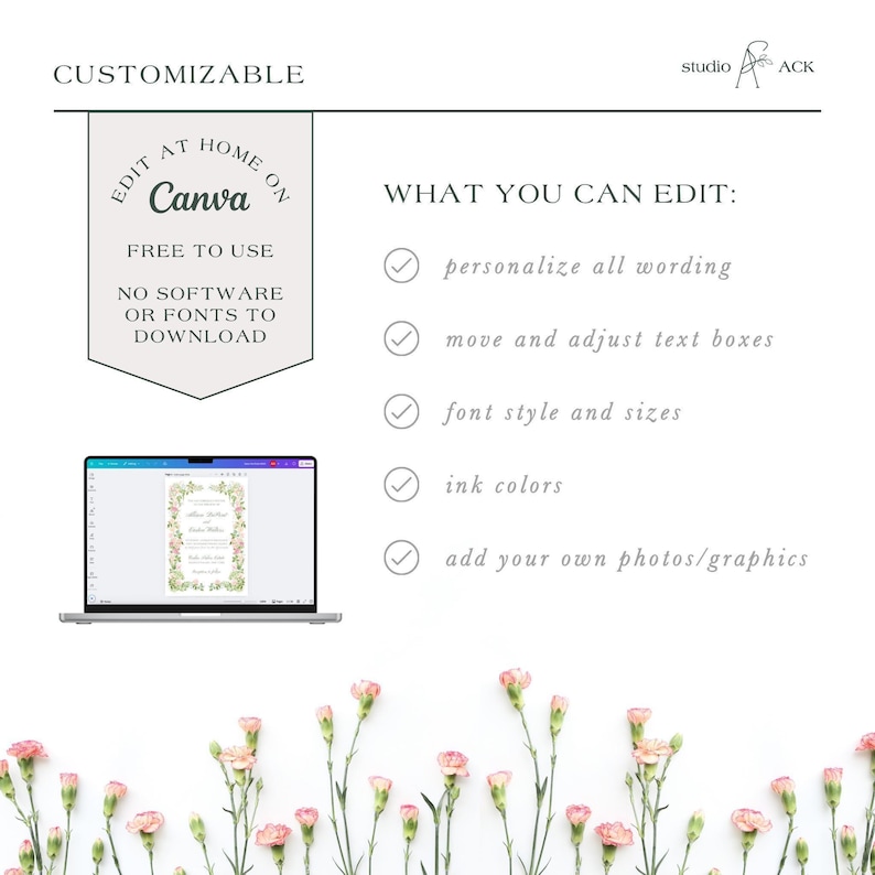 StudioACK customization guide showing what elements can be edited in Canva—wording, text boxes, fonts, colors, and photos—displayed with a laptop preview and floral accents. Watercolor floral wedding invitations for garden  party theme.