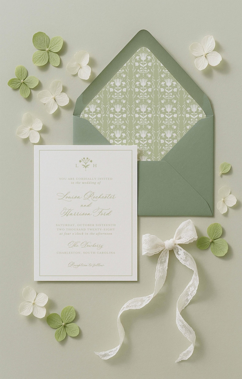 a wedding invitation card with a green envelope, white flowers, and a white ribbon.