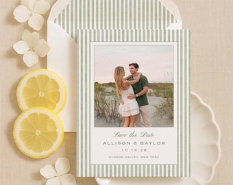 Green Stripe Save the Date Template, Watercolor Stripe Wedding Announcement, Editable Canva Photo Save the Date, Polaroid Photo, Grove