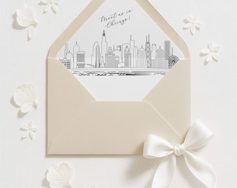 Chicago Skyline Envelope Liner Template, Printable Invitation Liner, Wedding Liner, DIY envelope insert, Neutral Black and White Art Design