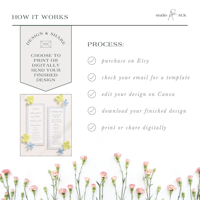 Watercolor Blue Wedding Program Template, Double-Sided Ceremony Outline, Rattan and Stripes, Order of Events, Editable in Canva, Veranda Bild 8