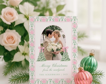 Watercolor Bow Christmas Card Template, Green Striped Polaroid Holiday Photo Card, Editable Canva Template, Modern Classic Christmas Card