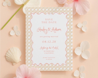 Rattan Save the Date Template, Hand Painted Watercolor Natural Cane Pattern, Elegant Coastal Summer & Spring Wedding Card, Peach Breeze