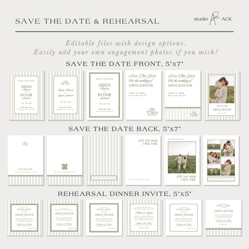 a collection of wedding invitation designs, including save the date and rehearal options, as well as various types of wedding invitations.