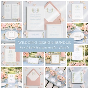 Blooming Crest Wedding Bundle Template, Editable Wedding Stationery Set,  Floral Spring or Summer Wedding Theme, Signage, Menus & Programs