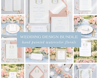 Blooming Crest Wedding Bundle Template, Editable Wedding Stationery Set,  Floral Spring or Summer Wedding Theme, Signage, Menus & Programs