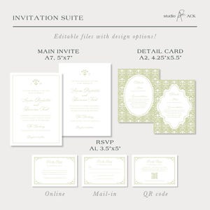 a collection of wedding invitation suite designs, including the main invitee, detail card, RSVP, online, and mail-in options. The invitation suite designs are editable with design options, and they come in various sizes, such as A7, A2, and A4. The designs feature a green and white color scheme, and they are presented in a collage format.