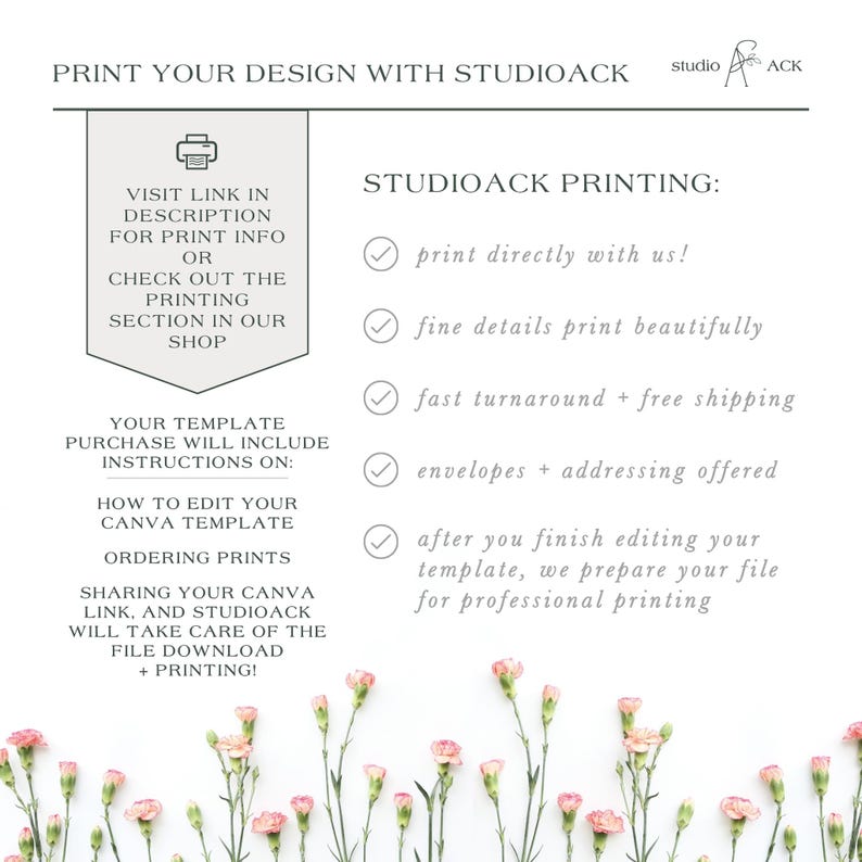 a floral background with a text box containing information about StudioAck printing services.