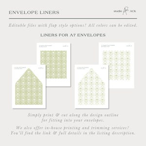 Może przedstawiać: Wkładki do kopert z kwiatowym wzorem w kolorze jasnozielonym. Tekst brzmi "ENVELOPE LINERS" i "LINERS FOR A7 ENVELOPES". Opis zawiera r&oacute;wnież tekst "Edytowalne pliki z opcjami stylu klapy! Wszystkie kolory można edytować."