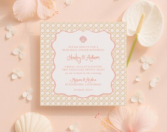 Rattan Rehearsal Dinner Invitation Template, Hand Painted Natural Cane Pattern, Coastal Wedding, Printable Rehearsal Invite, Peach Breeze