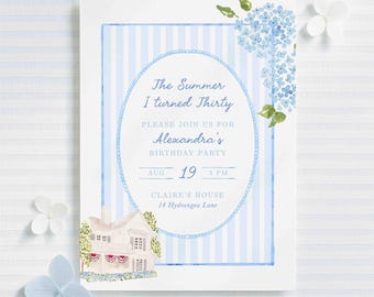 Coastal Beach House Hydrangea Birthday Invitation Template, Hand Painted Watercolor Invite, Seersucker Stripes, Nautical Preppy Summer Vibes