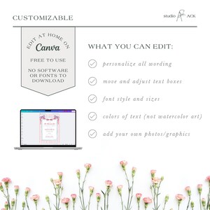 May include: A customizable design template with the Canva logo and text that reads "Edit at home on Canva". The image shows a laptop displaying a template with pink and blue accents. The text lists editing options.