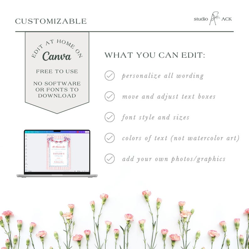 May include: A customizable design template with the Canva logo and text that reads "Edit at home on Canva". The image shows a laptop displaying a template with pink and blue accents. The text lists editing options.