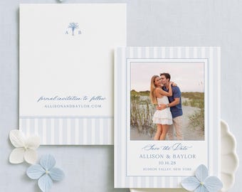 Coastal Striped Save the Date Template, Nautical Beach Wedding Card, Editable Colors in Canva, Classic Beach Wedding, Marina