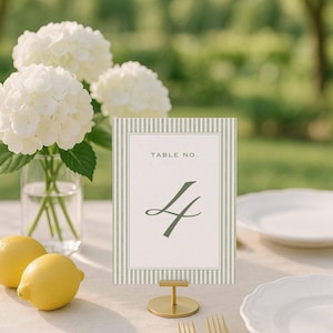 Green Stripe Table Number Template, Hand Painted Watercolor Striped Wedding Table Numbers, Printable, Romantic Script, Grove
