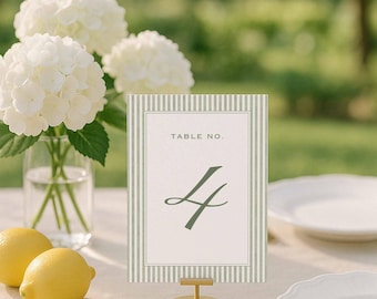 Green Stripe Table Number Template, Hand Painted Watercolor Striped Wedding Table Numbers, Printable, Romantic Script, Grove