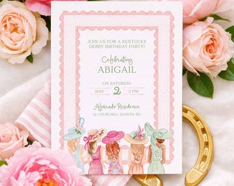 Girls Kentucky Derby Birthday Party Invitation Template, Hand Painted Watercolor Derby Theme, Digital & Printable Invite, Horse Themed Evite