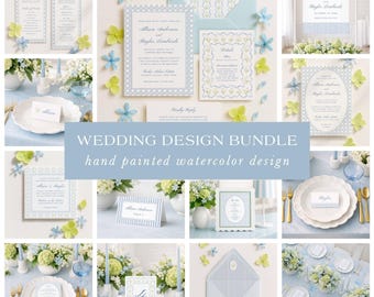 Wedding Bundle Template, Watercolor Rattan and Stripes, Blue, White & Green Wedding Theme, Editable Invitations and Signage Set, Veranda