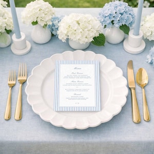 Watercolor Stripes Wedding Menu Card, Blue Theme, Editable 5x7 Digital Menu Template for Reception, Customizable Canva Design, Oxford