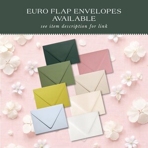 May include: A selection of Euro flap envelopes in shades of green, pink, yellow, and white, displayed on a pink surface with white flowers. The image includes the text "EURO FLAP ENVELOPES AVAILABLE".